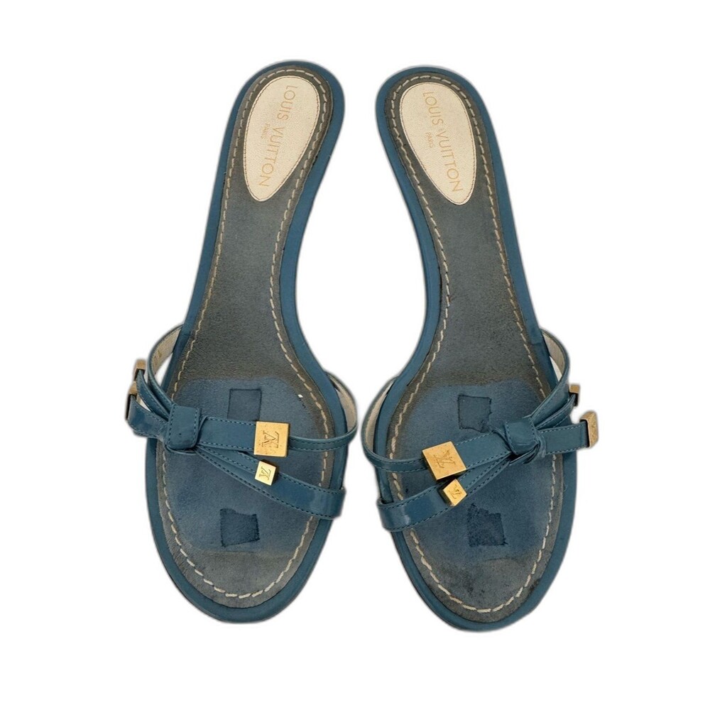 Louis Vuitton Vintage Blue Patent Leather Kitten Heels Open Toe Sandals Shoes